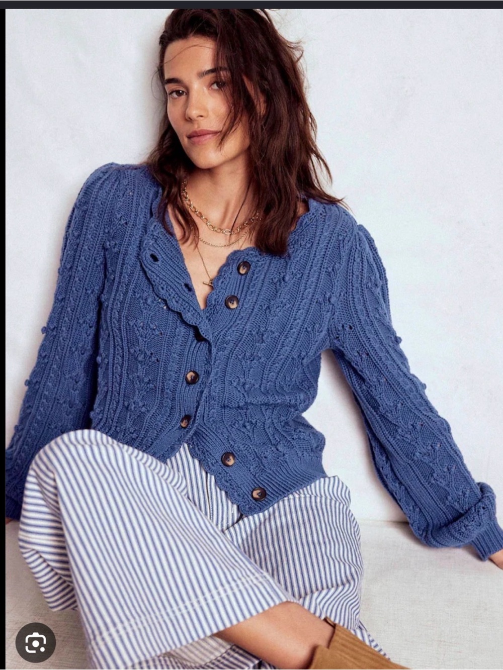 Boden Dusty Blue Cable-Knit Scalloped Button Cardigan